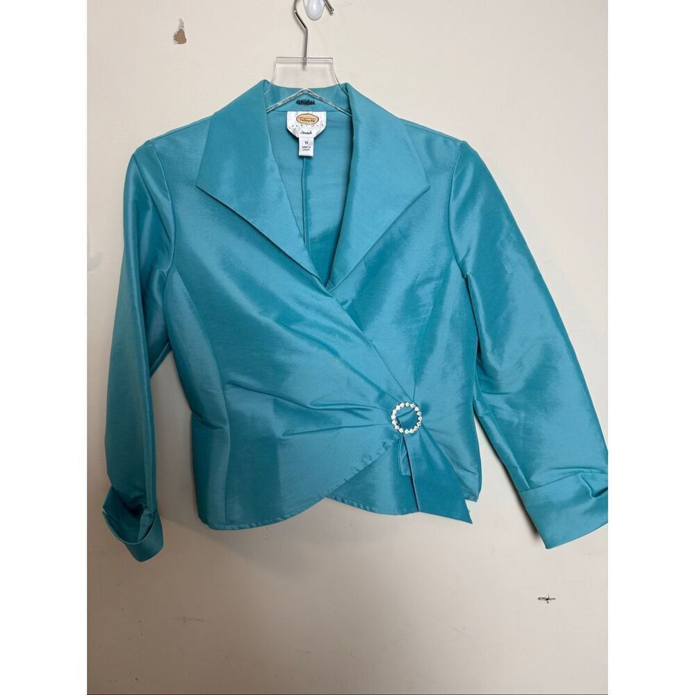 Talbots Petites Aqua Wrap Blouse Size 10 Stretch Satin Dressy Evening Holiday To